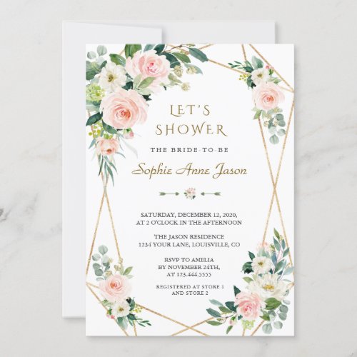 Luxury Pink White Flowers Gold Frame Bridal Shower Invitation