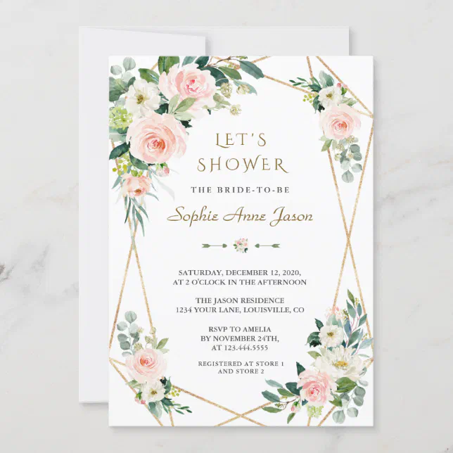Luxury Pink White Flowers Gold Frame Bridal Shower Invitation | Zazzle