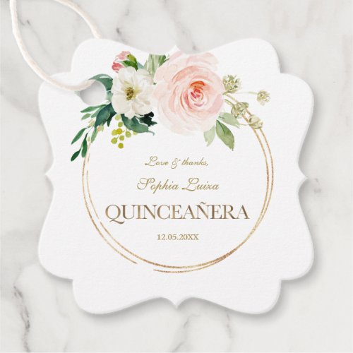 Luxury Pink White Flowers Gold Quinceaera Favor Tags