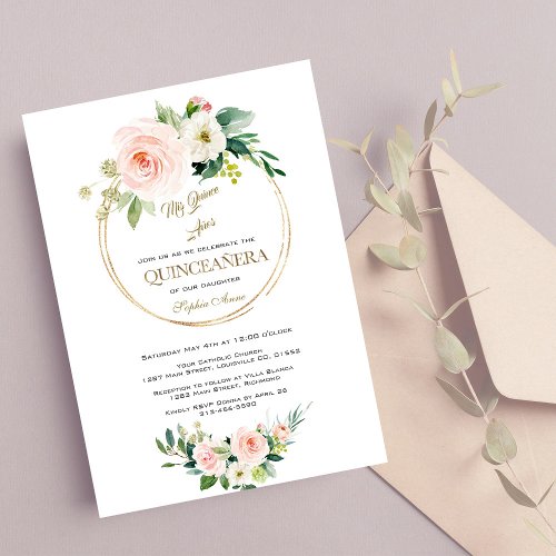 Luxury Pink White Flowers Gold Quinceaera Invitation