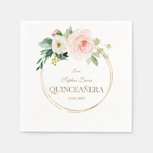 Luxury Pink White Flowers Gold Quinceaera Napkins