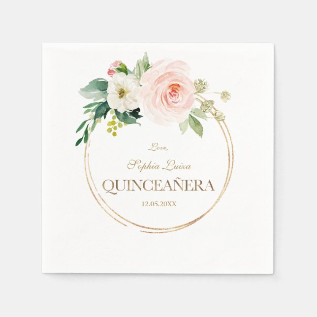 Luxury Pink White Flowers Gold Quinceañera Napkins (Front)