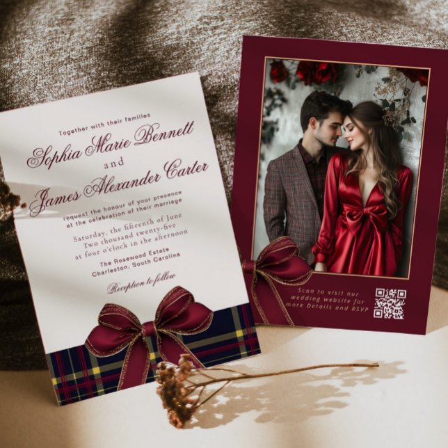 Luxury plaid Burgundy Bow Winter Photo Wedding Invitation (Creator Uploaded)