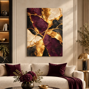 Luxury Plum Black Gold Kintsugi Abstract Art Canvas Print