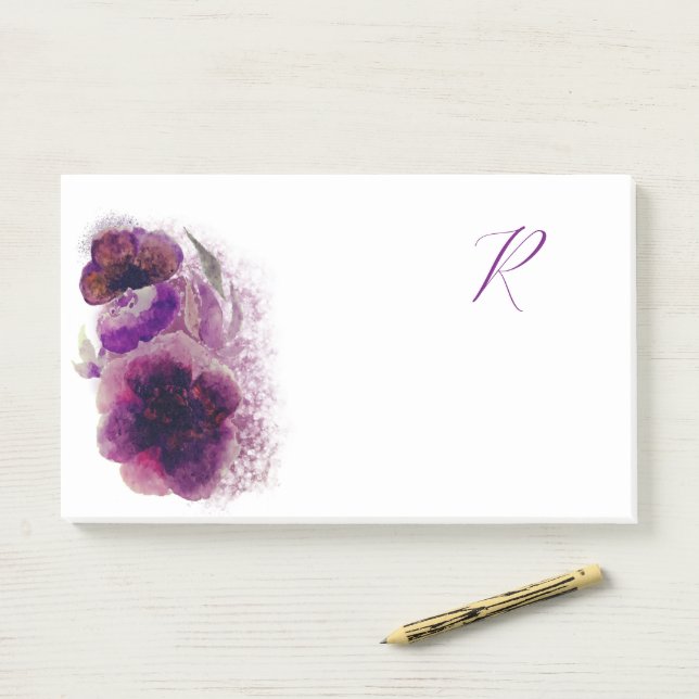 Luxury Plum Penoies Floral Monogrammed Post-it Notes (On Desk)