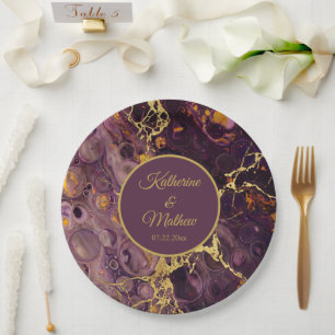 Luxury Plum Purple Marble With Name Paper Plates