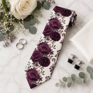 Luxury Plum Rose & Dahlia Floral Wedding Neck Tie