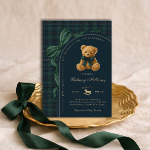 Luxury Polo Plaid Teddy Bear Boy Baby Shower Invitation