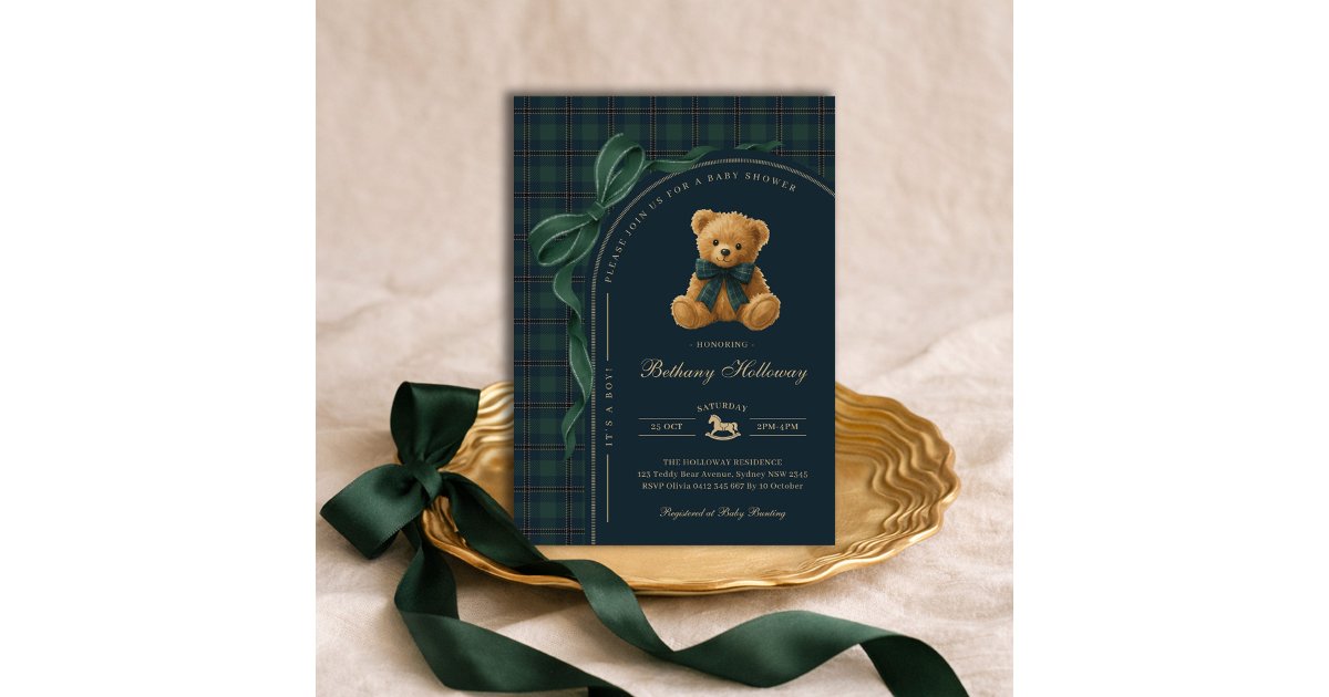 Luxury Polo Plaid Teddy Bear Boy Baby Shower Invitation | Zazzle
