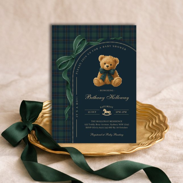 Luxury Polo Plaid Teddy Bear Boy Baby Shower Invitation (Creator Uploaded)