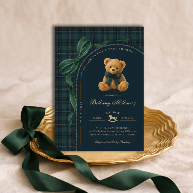 Luxury Polo Plaid Teddy Bear Boy Baby Shower Invitation | Zazzle