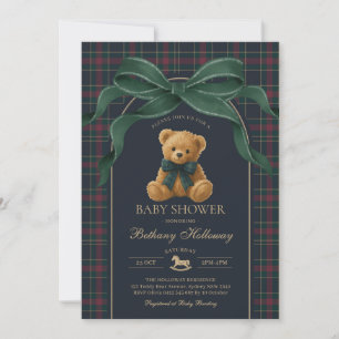 Luxury Polo Teddy Bear Green Bow Plaid Baby Shower Invitation