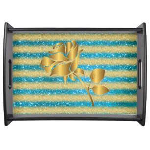Luxury Popular Floral Blue Gold Glitter Gift Serving Tray