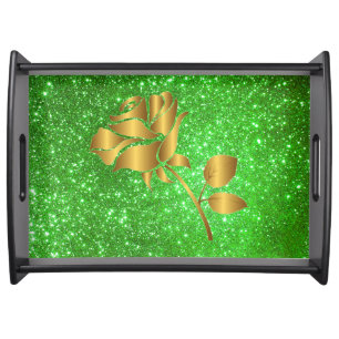 Luxury Popular Floral Green Gold Glitter Gift Serving Tray