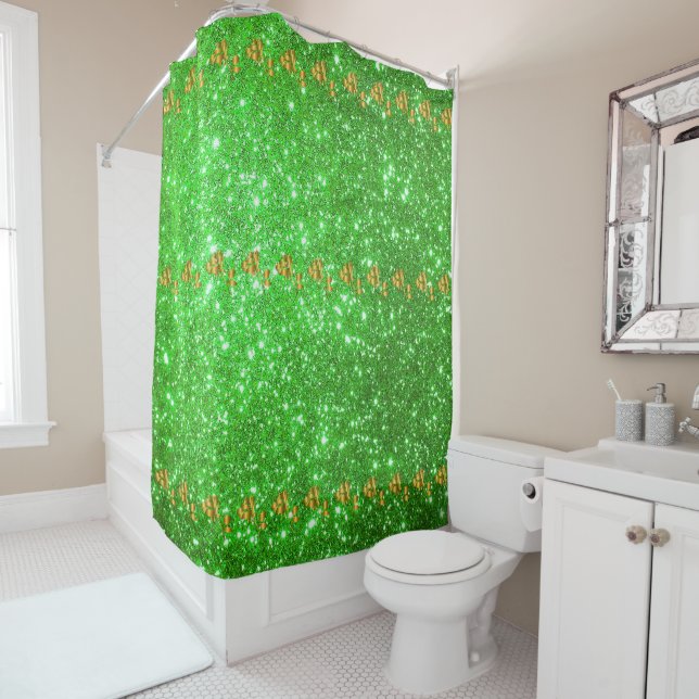 Luxury Popular Floral Green Gold Glitter Shower Curtain (In Situ)