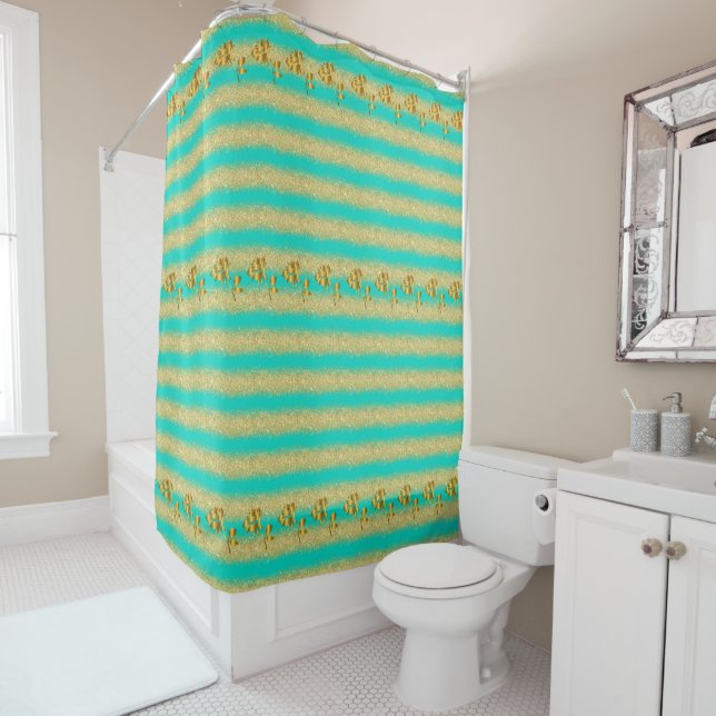 Luxury Popular Floral Turquoise Gold Glitter Shower Curtain (In Situ)
