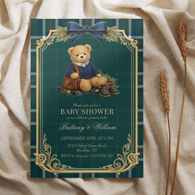 Luxury Preppy Teddy Bear Plaid Baby Shower  Invitation (Creator Uploaded)