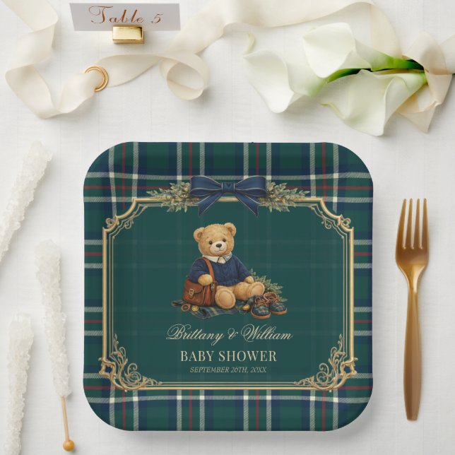 Luxury Preppy Teddy Bear Plaid Baby Shower  Paper Plates (Wedding)