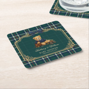 Luxury Preppy Teddy Bear Plaid Baby Shower  Square Paper Coaster
