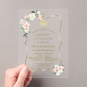 Luxury Primera Comunión Girls Twins Holy Communion Acrylic Invitations