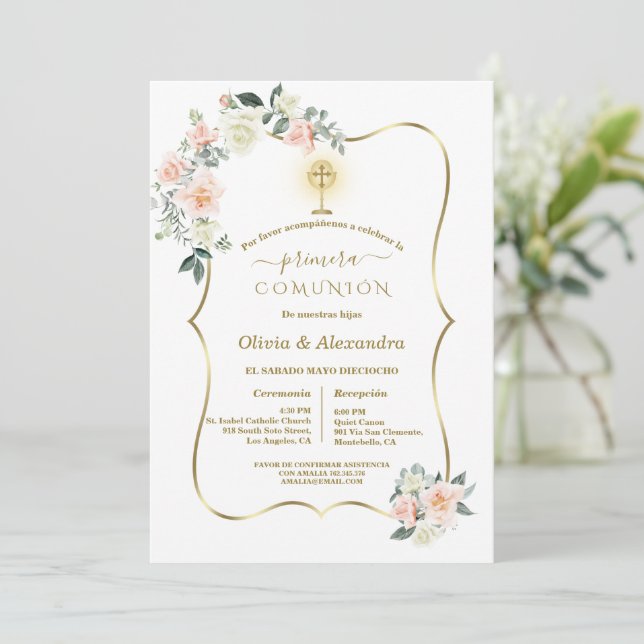 Luxury Primera Comunión Girls Twins Holy Communion Invitation (Standing Front)