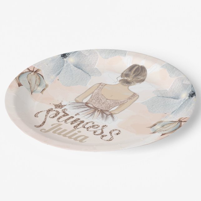 Luxury Princess Birthday Beige glitter Personalize Paper Plates (Angled)