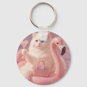 Luxury Princess Cat on Pink Flamingo Pool Float Keychain