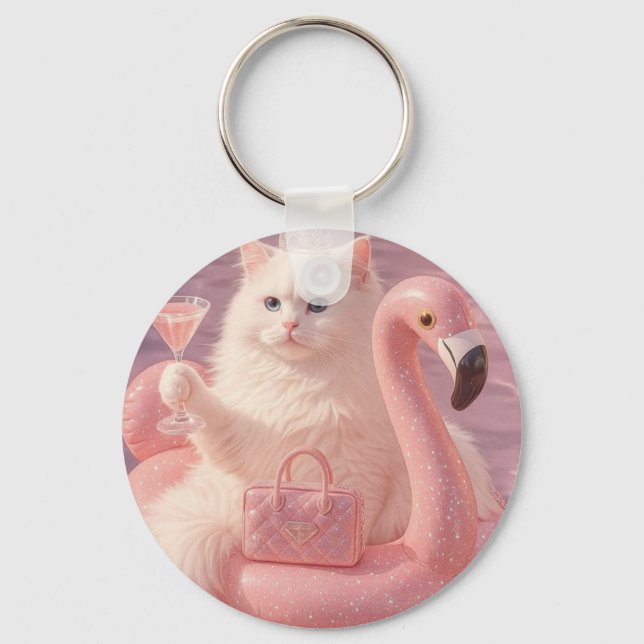 Luxury Princess Cat on Pink Flamingo Pool Float    Keychain (Front)