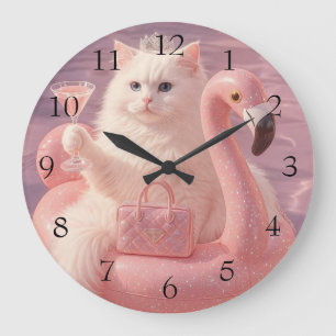 Luxury Princess Cat on Pink Flamingo Pool Float    Large Clock