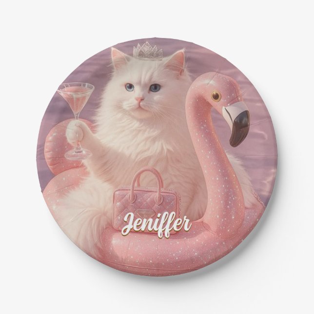 Luxury Princess Cat on Pink Flamingo Pool Float    Paper Plates (Front)