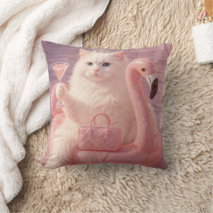 Luxury Princess Cat on Pink Flamingo Pool Float Throw Pillow