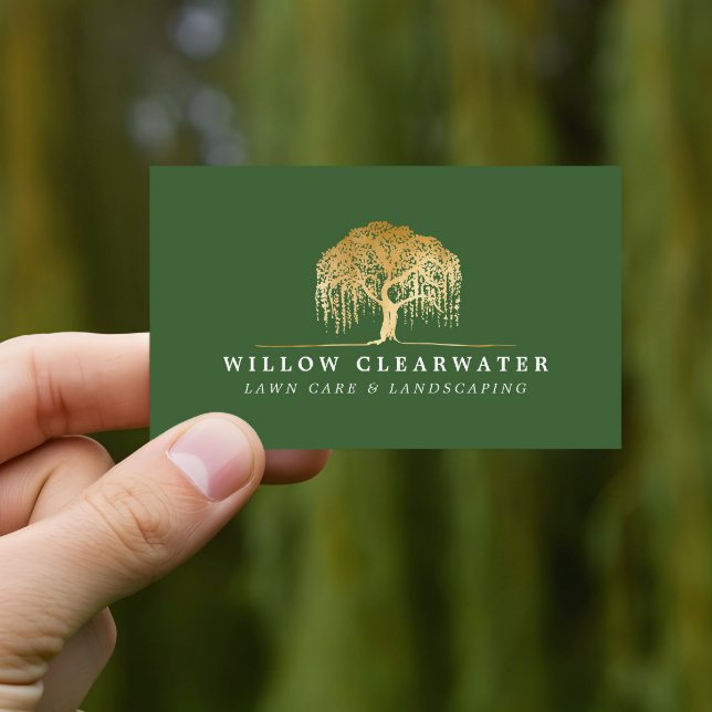 Luxury Professional Arborist Tree Cutting Service  Business Card (Rustic Modern Green & Gold Willow Tree Landscaping Business Card)
