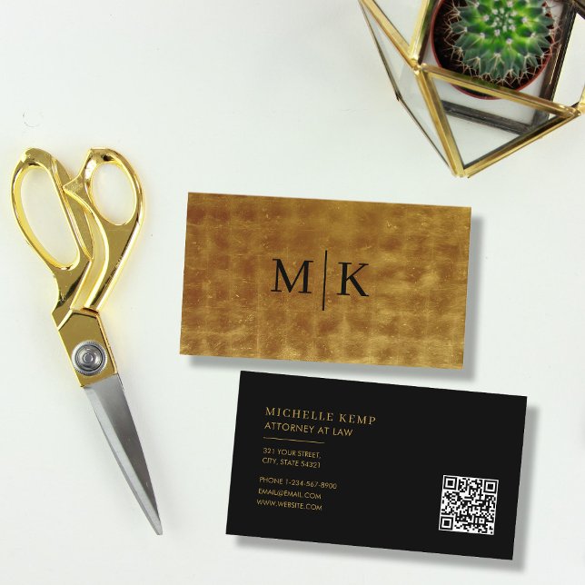 Luxury Professional QR Code Monogram Black Gold Business Card (Creator Uploaded)