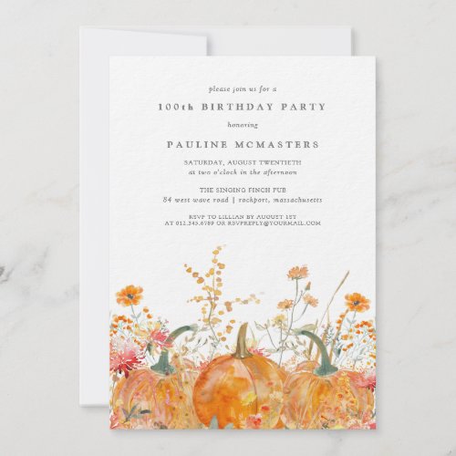 Luxury Pumpkin Wildflower Fall 100th Birthday Invitation