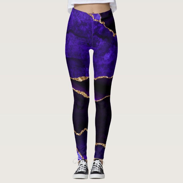 Luxury Purple and Gold Glitter Agate Leggings (Front)
