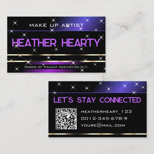 Luxury Purple Black Gold Glitter Stars and QR Code Business Card (Front/Back)
