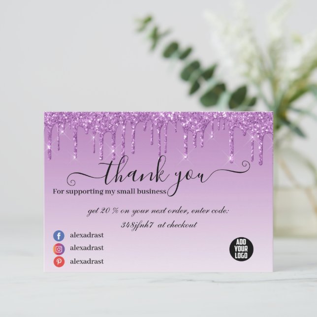 Luxury Purple Business  Dripping Glitter Thank You Card (Standing Front)