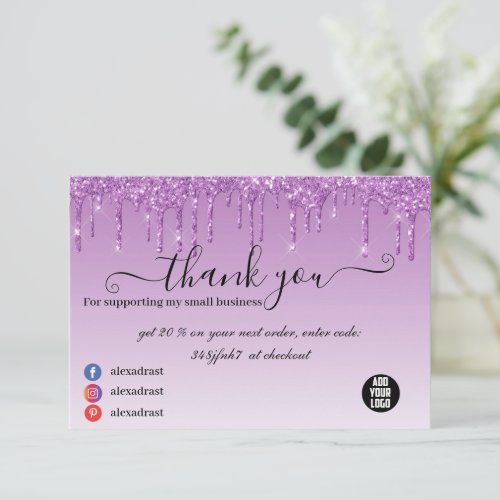 Luxury Purple Business  Dripping Glitter Thank You Card