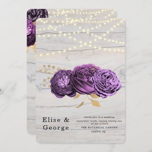 Luxury Purple Floral Wood String Lights Wedding Invitation