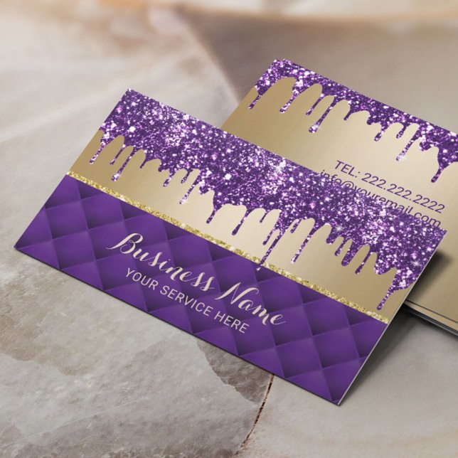 Luxury Purple Glitter Drips Chic Gold Beauty Salon Business Card (Creator Uploaded)