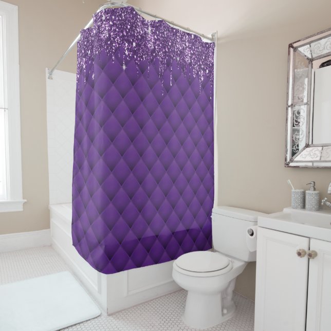 Luxury Purple Glitter Drips Modern Diamond Pattern Shower Curtain (In Situ)