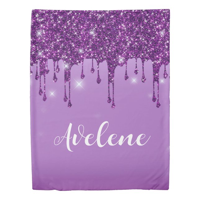 Luxury Purple Glitter Drips Monogram Duvet Cover (Front)