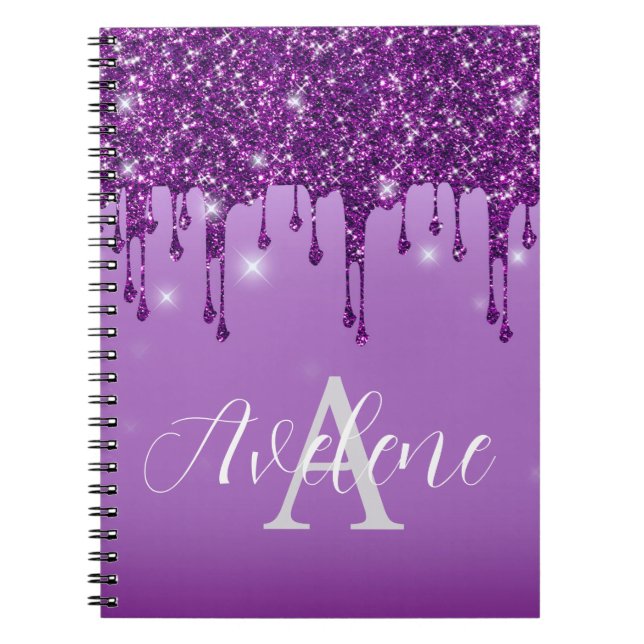 Luxury Purple Glitter Drips Monogram Notebook (Front)