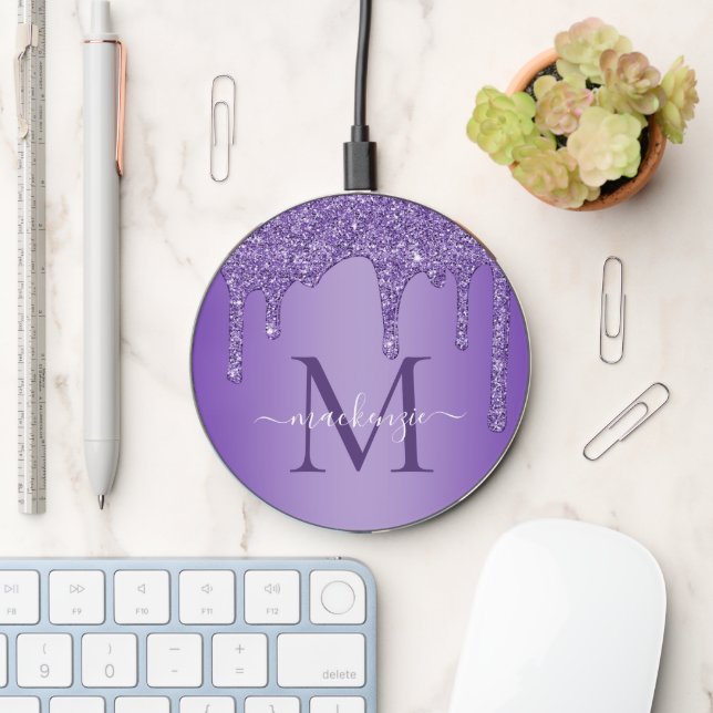 Luxury Purple Glitter Drips Sparkle Monogram Wireless Charger (Desk)