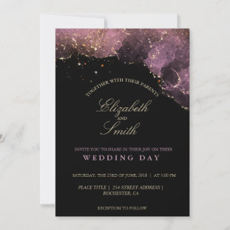 Luxury Purple & Gold Alcohol Ink Wedding Day Invitation