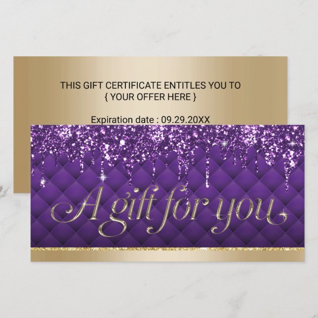Luxury Purple Gold Beauty Salon Gift Certificates (Front/Back)