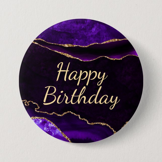 Luxury Purple Gold Glitter Agate Happy Birthday Button (Front)