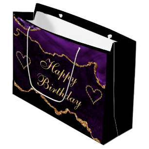 Luxury Purple & Gold Glitter Agate Happy Birthday Large Gift Bag