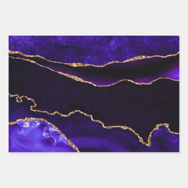 Luxury Purple Gold Glitter Agate Happy Birthday Wrapping Paper Sheets (Front)