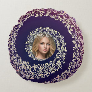 Luxury Purple & Gold Photo Round Pillow